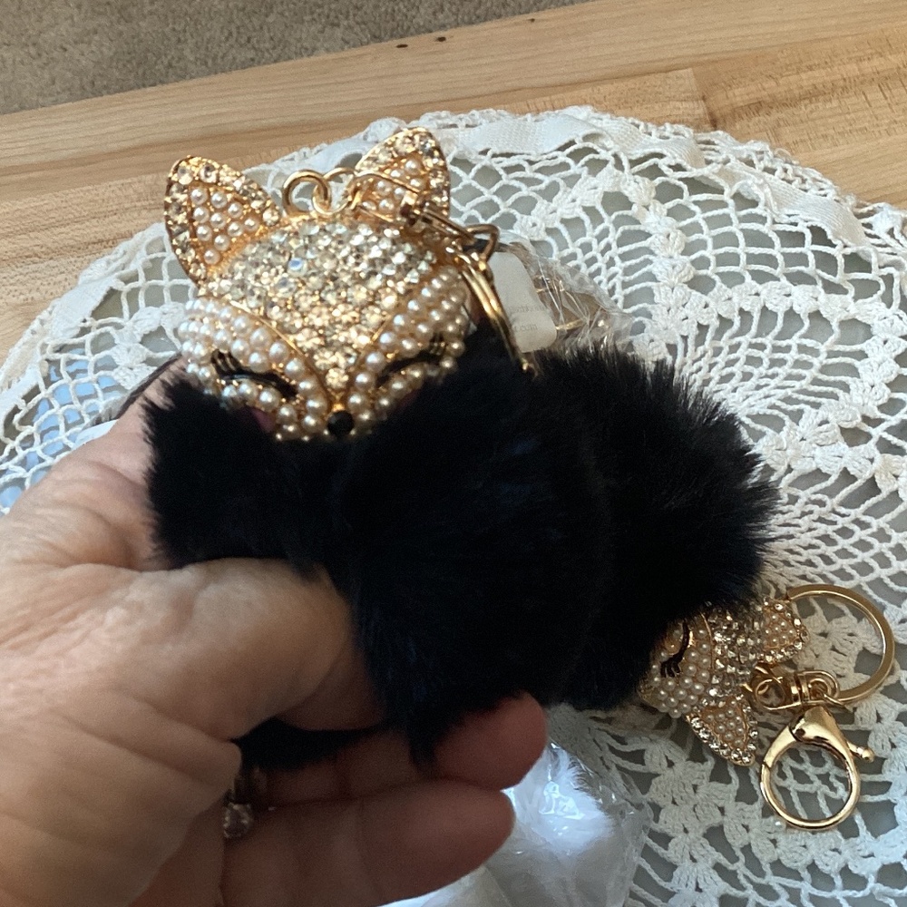Cat fluffy furball key chain or bag charm black gold white kitten shiny furry